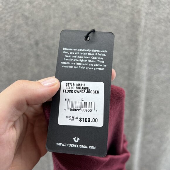 True Religion Jogger Pants Mens Large Red Zinfandel Flock CWP02 Logo Sweatpants - Picture 7 of 13
